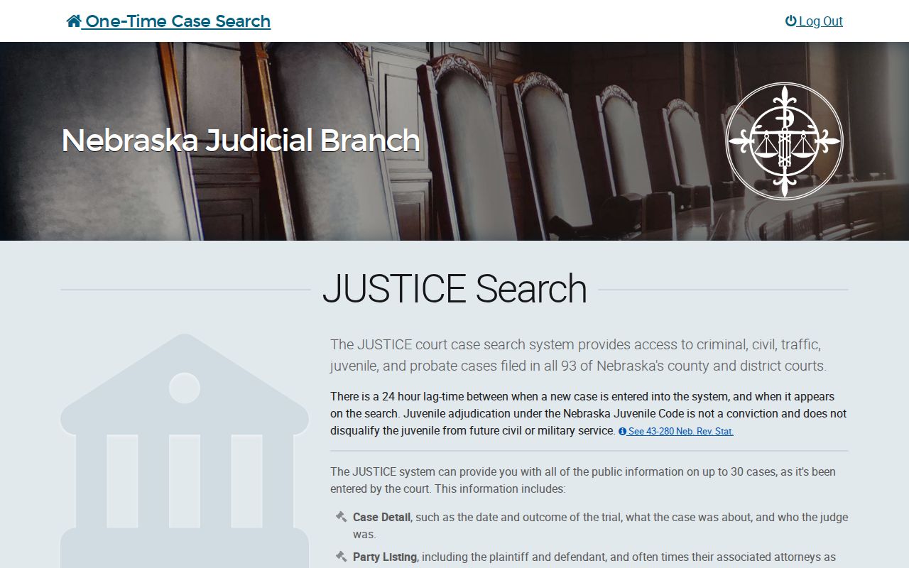 Nebraska JUSTICE one-time search screen for a Dixon County case search by party name