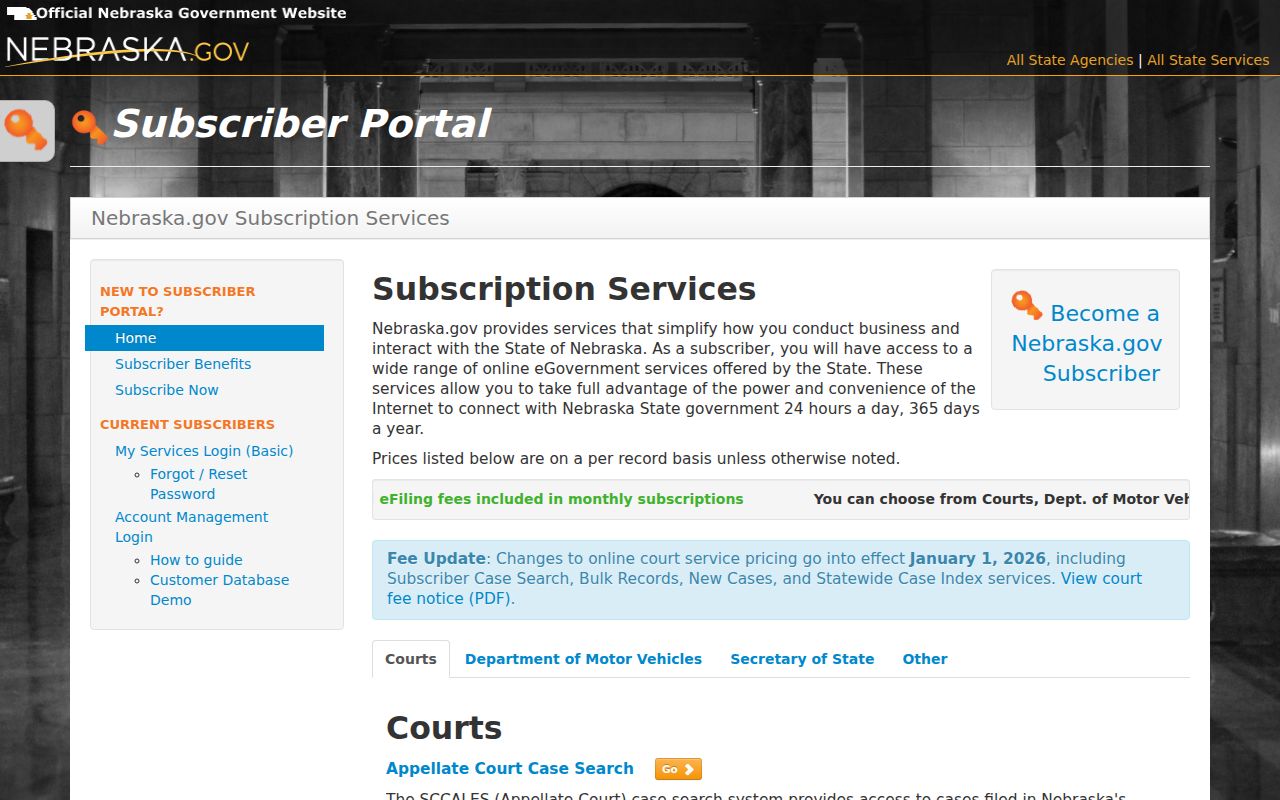 Nebraska subscriber portal for repeat Dixon County case search access