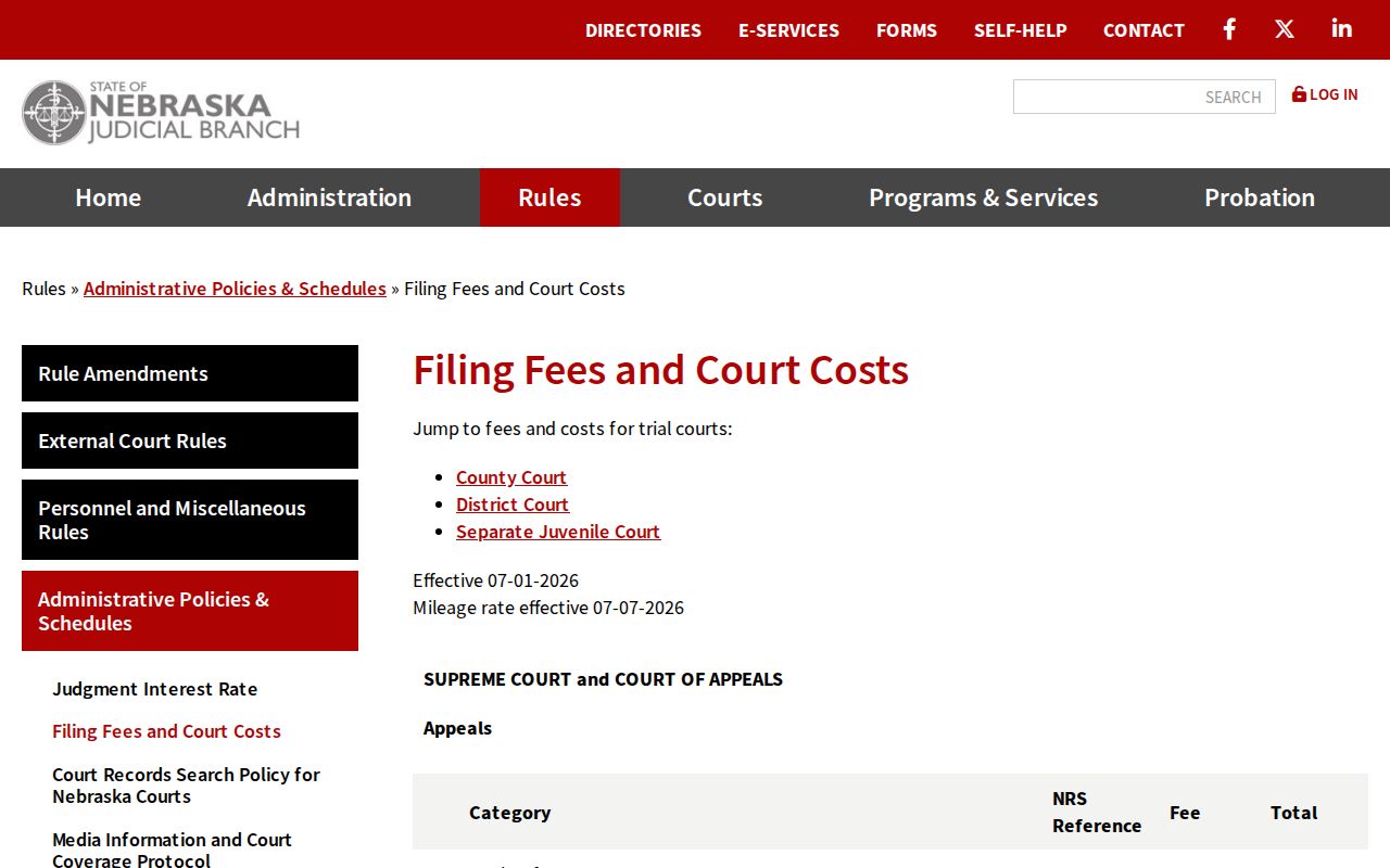 Current Nebraska court fee table relevant to Dixon County small-claims civil dockets