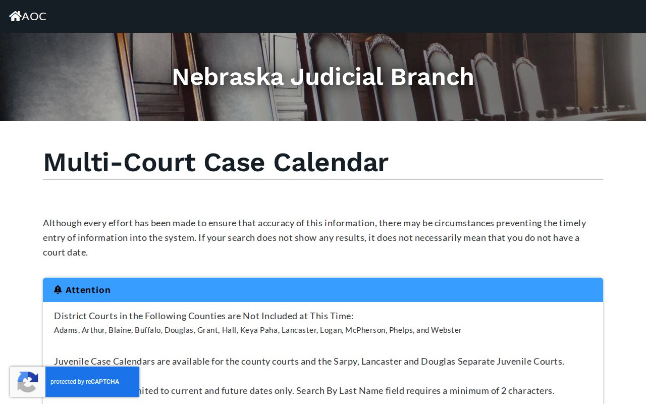 Dixon County court calendar search form with court type, date, and last-name fields